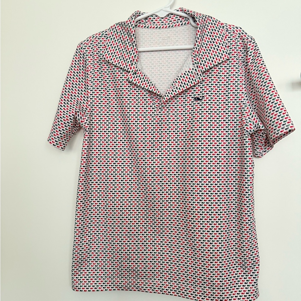Vineyard Vines Red, Green, and Blue Whale Print Performance Shirt size 7
